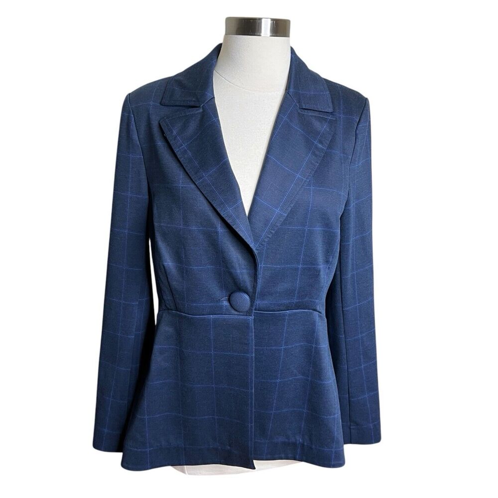 3/$30 Cabi Blazer Womens 6‎ Blue Windowpane Sun Kiss Plaid Notched Collar Preppy